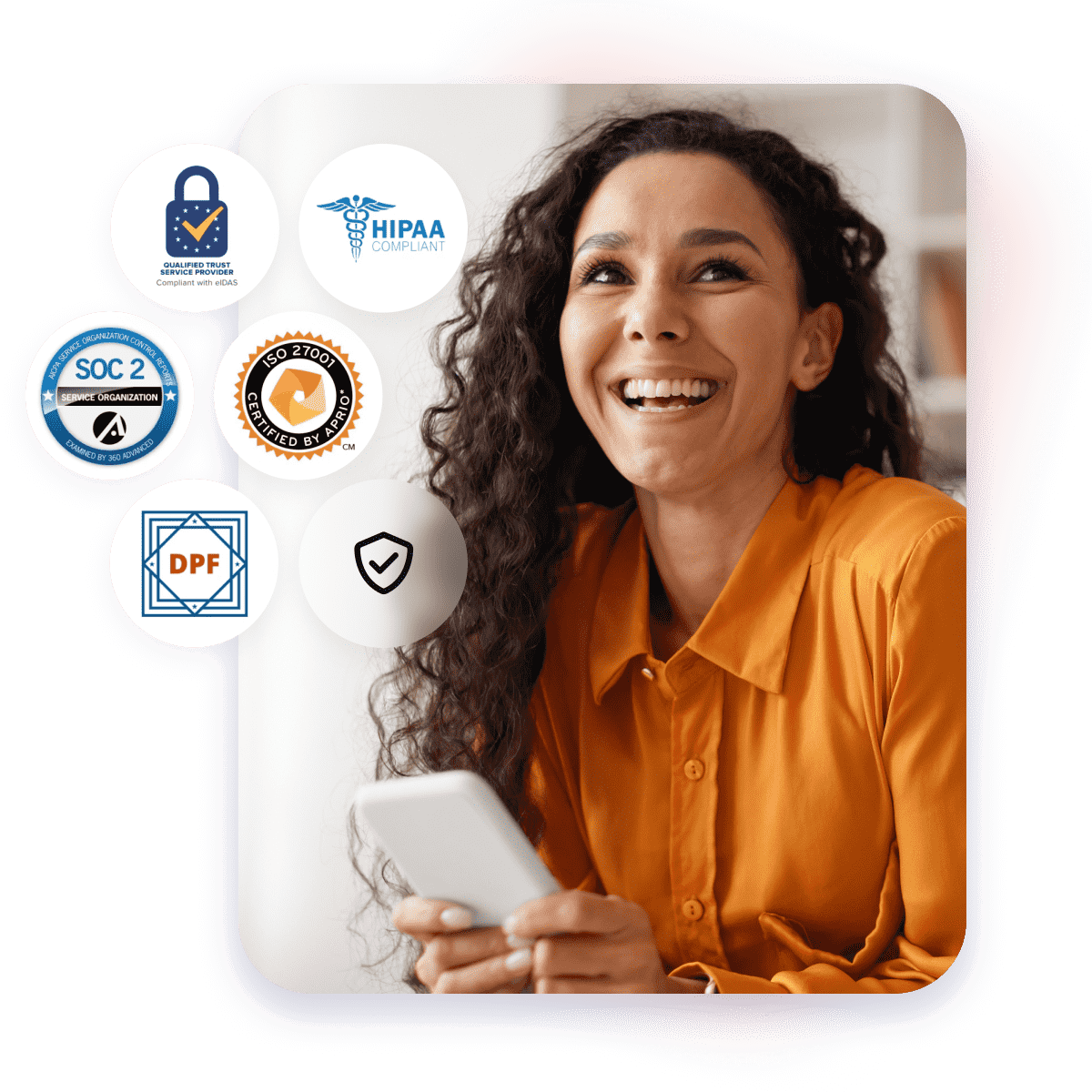 Happy woman with phone and surrounded by security and compliance logos